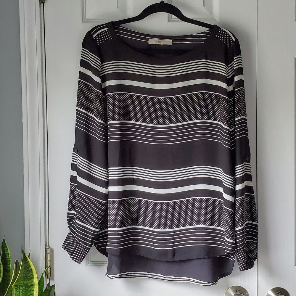 LOFT Black and White Stripe Long Sleeve Blouse